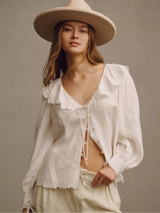 Anthropologie Tops - Anthropologie Cream Ruffle Tie-Front Blouse 100% Linen - XS